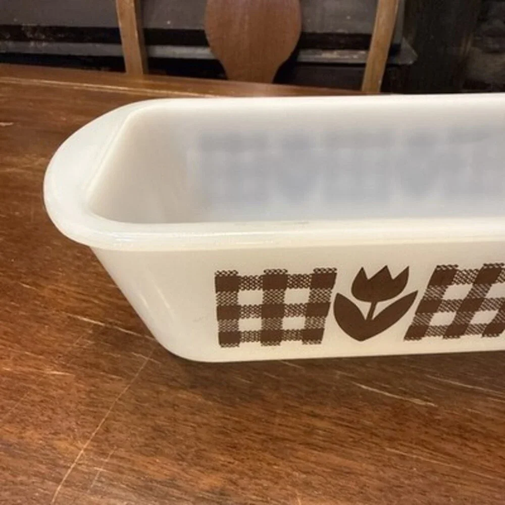 Vintage Glasbake 5x9  White Milk Glass Loaf Pan Brown Gingham Tulips
